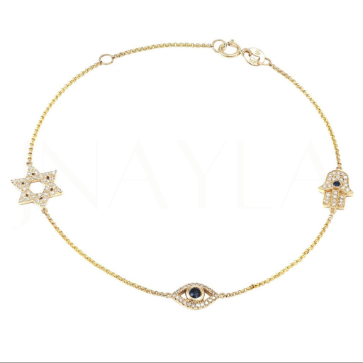 14K Hamsa and Round Bezel Sapphire Evil Eye Bracelet