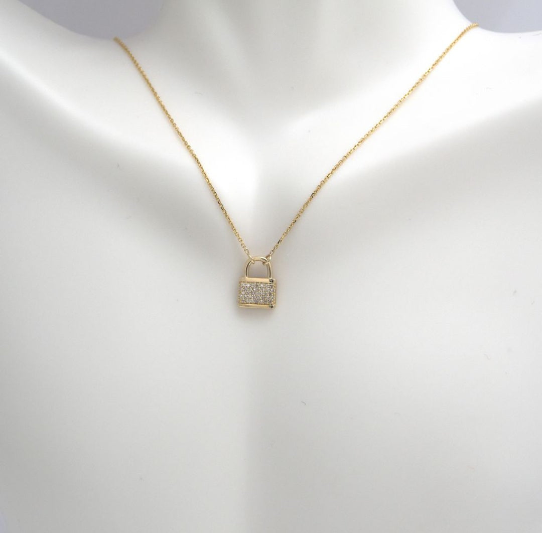 14K Yellow Gold Lock Diamond Necklace