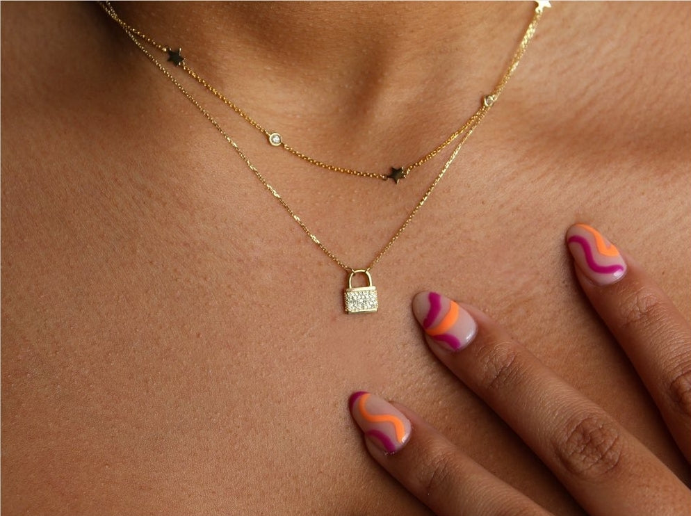 14K Yellow Gold Lock Diamond Necklace